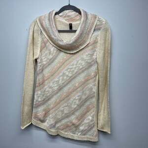 GNW Cowl Neck Beaded Cream Knit Sweater Womens Medium Asymmetrical Hem Fairy